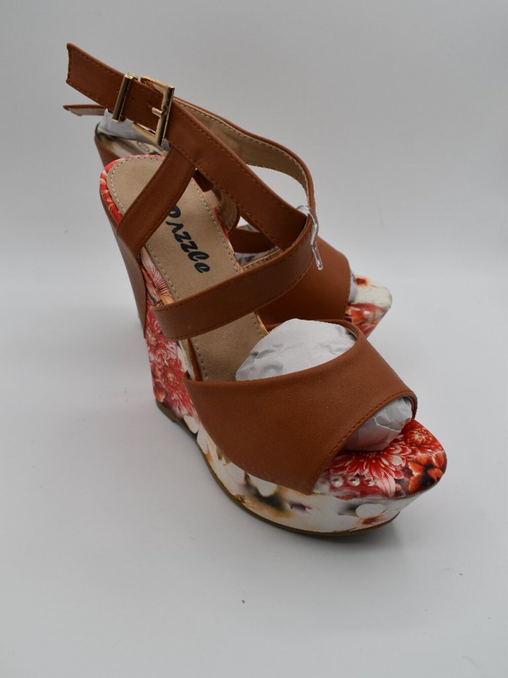 NEW Women 7.5 Dazzle Floral Platform Wedge Sandals Tan Multi Color Strappy Heels